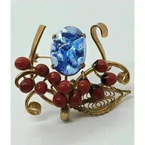 Vintage 12K Gold Filled Brooch Blue Art Glass & Cherry Red Beads Art Nouveau